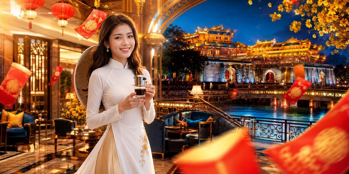 Phong bì đỏ biểu tượng nhận thưởng và bonus trong không khí cà phê Huế